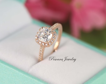 1.3 ct.tw  Rose Gold Engagement Ring, 6mm Cushion Cut Ring, Rose Gold Cushion Halo Ring, Bridal Ring, Rose Gold Ring - Sterling Silver Ring