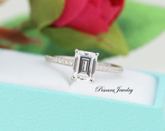 1.5ct (8X6MM) Emerald Cut Engagement Ring - Emerald Solitaire Ring - Sterling Silver Diamond Simulant CZ Engagement Ring, Promise Ring