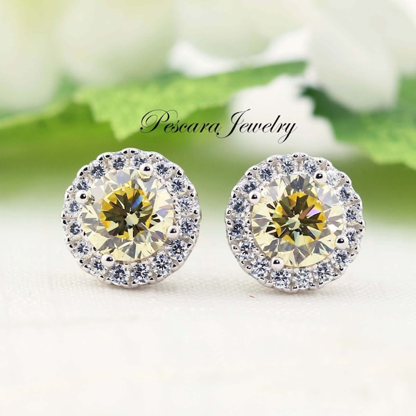 1ct Canary Yellow Round Cut Halo Earrings, Yellow Diamond Simulants CZ earrings, Bridesmaid Earrings, Wedding Gifts, Sterling Silver