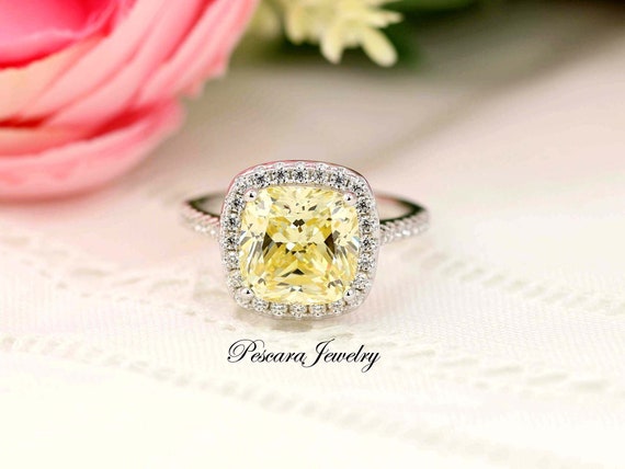 Carat Canary Yellow Cushion Halo Engagement Ring, Yellow Cushion