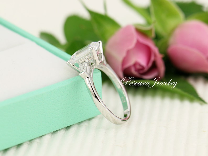 3ct Emerald Cut Ring Three Stone Ring Emerald Cut Taper Baguette CZ simulated Diamond Anniversary Ring Sterling Silver image 2