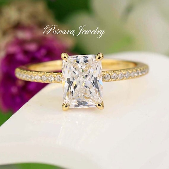 Bague de fiancailles taille radiant 8 6 bague taille radiant plaque or jaune argente alliance bague superposee simulant un diamant CZ taille radiant Etsy France