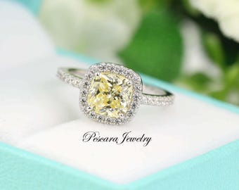 Light Yellow Cushion Halo Engagement Ring, Pale Yellow CZ Ring, Promise Ring, Sterling Silver Cushion ring