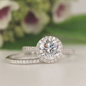 2 Carat Round Halo Bridal half Band, CZ & Silver Bridal Set for Her, 2 Carat CZ Bridal Engagement Ring Halo Made with Cubic Zirconia image 1