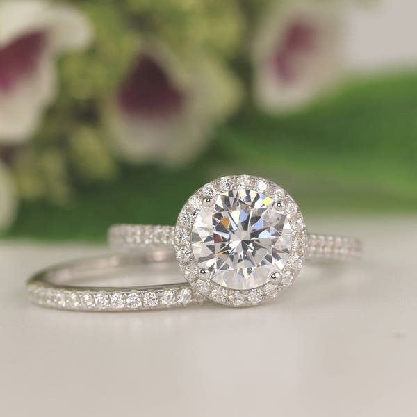 2 Carat Round Halo Bridal half Band, CZ & Silver Bridal Set for Her, 2 Carat CZ Bridal Engagement Ring Halo Made with Cubic Zirconia