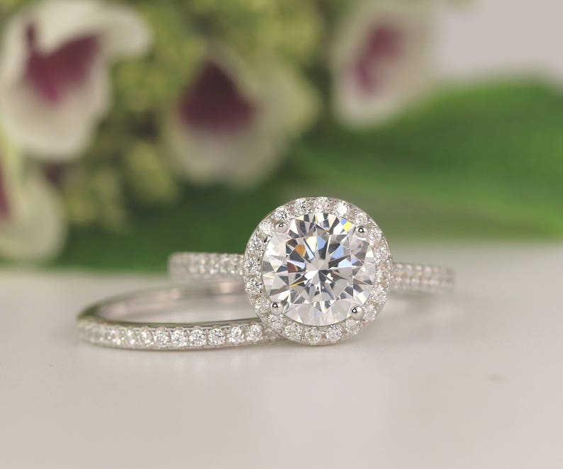 2 Carat Round Halo Bridal half Band, CZ & Silver Bridal Set for Her, 2 Carat CZ Bridal Engagement Ring Halo Made with Cubic Zirconia image 1