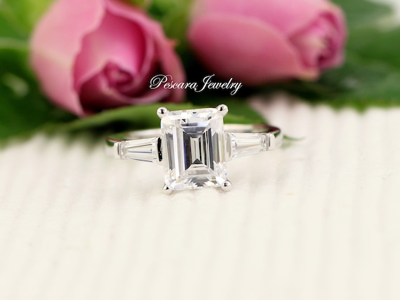 3ct Emerald Cut Ring Three Stone Ring Emerald Cut Taper Baguette CZ simulated Diamond Anniversary Ring Sterling Silver