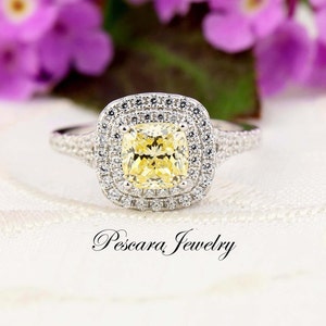 Canary Yellow Double Halo Engagement Ring, 1ct (6mm) Cushion Cut Engagement Ring, CZ Cushion Cut Diamond ring, Gift for her, sterling silver