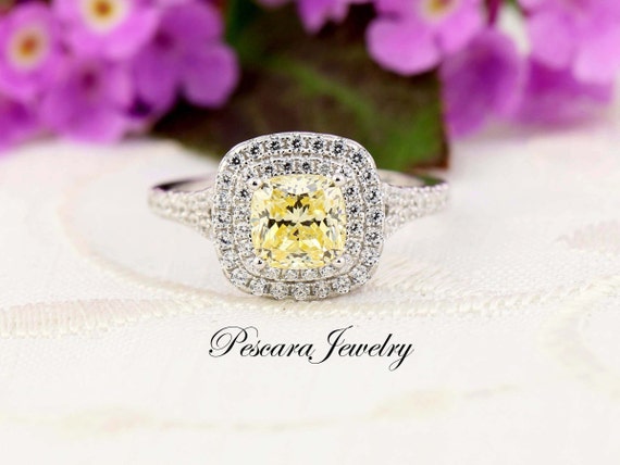 Canary Yellow Double Halo Engagement Ring, 1ct (6mm) Cushion Cut