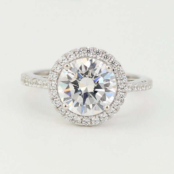 Anillo de compromiso con halo redondo de 2,0 quilates, anillo de bodas, anillo de promesa, anillo de novia, anillo de circonita cúbica, plata esterlina