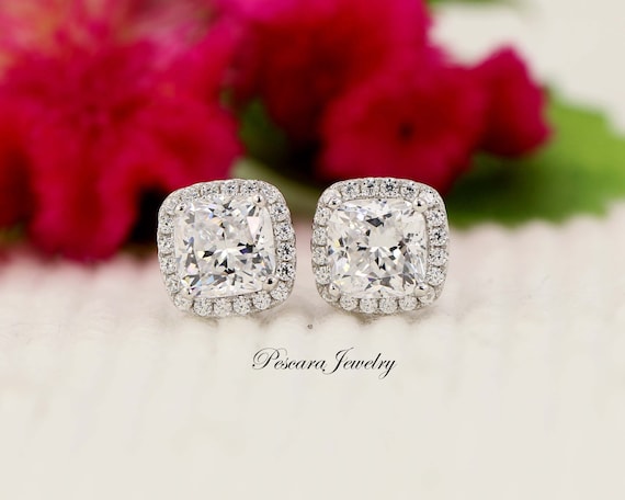 Sterling Silver Cushion 6mm Gemstone & Diamond Halo Post Earrings Sterling Silver Cushion 6mm Gemstone & Diamond Halo Post Earrings
