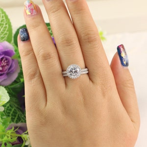 2 Carat Round Halo Bridal half Band, CZ & Silver Bridal Set for Her, 2 Carat CZ Bridal Engagement Ring Halo Made with Cubic Zirconia image 5