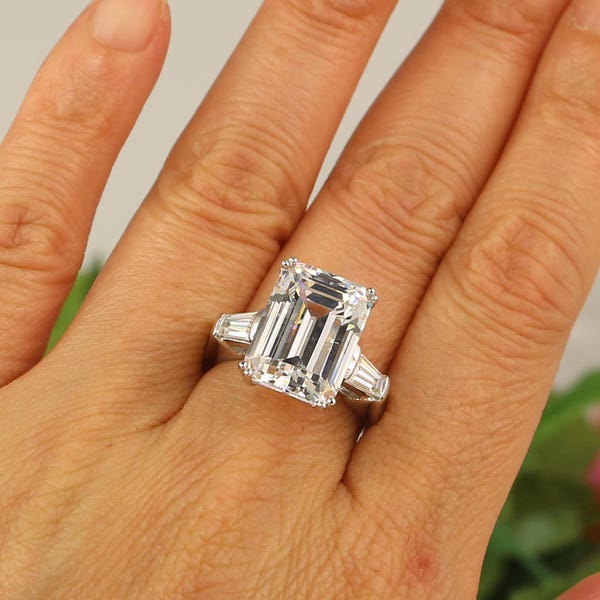 8 Carat Emerald Cut Ring, Huge Engagement Ring, 3 Stone Ring, 8 Carat promise ring, Emerald Cut Cubic Zirconia & sterling, Diamond Stimulant