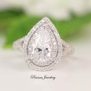 Double Halo Pear Engagement Ring, 3 Carat CZ Ring, 3.2ctw Pear Cut CZ Ring, Diamond simulant CZ Pear Cut, Sterling Silver