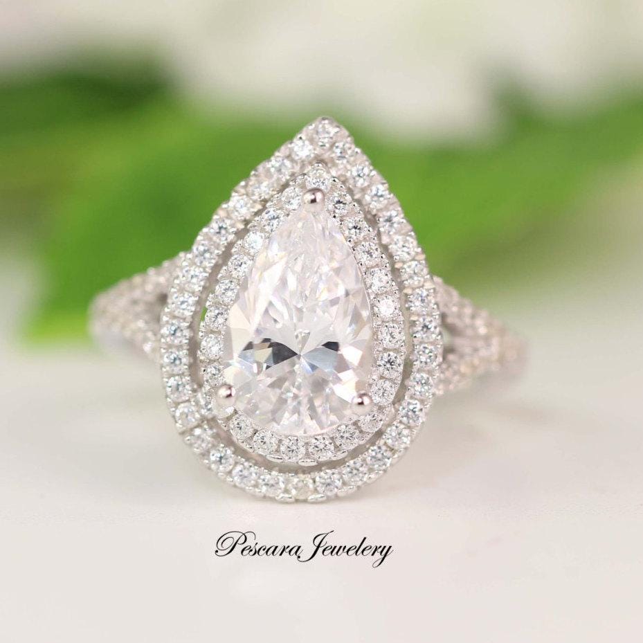 Double Halo Pear Engagement Ring, 3 Carat CZ Ring, 3.2ctw Pear Cut CZ Ring, Diamond simulant CZ Pear Cut, Sterling Silver