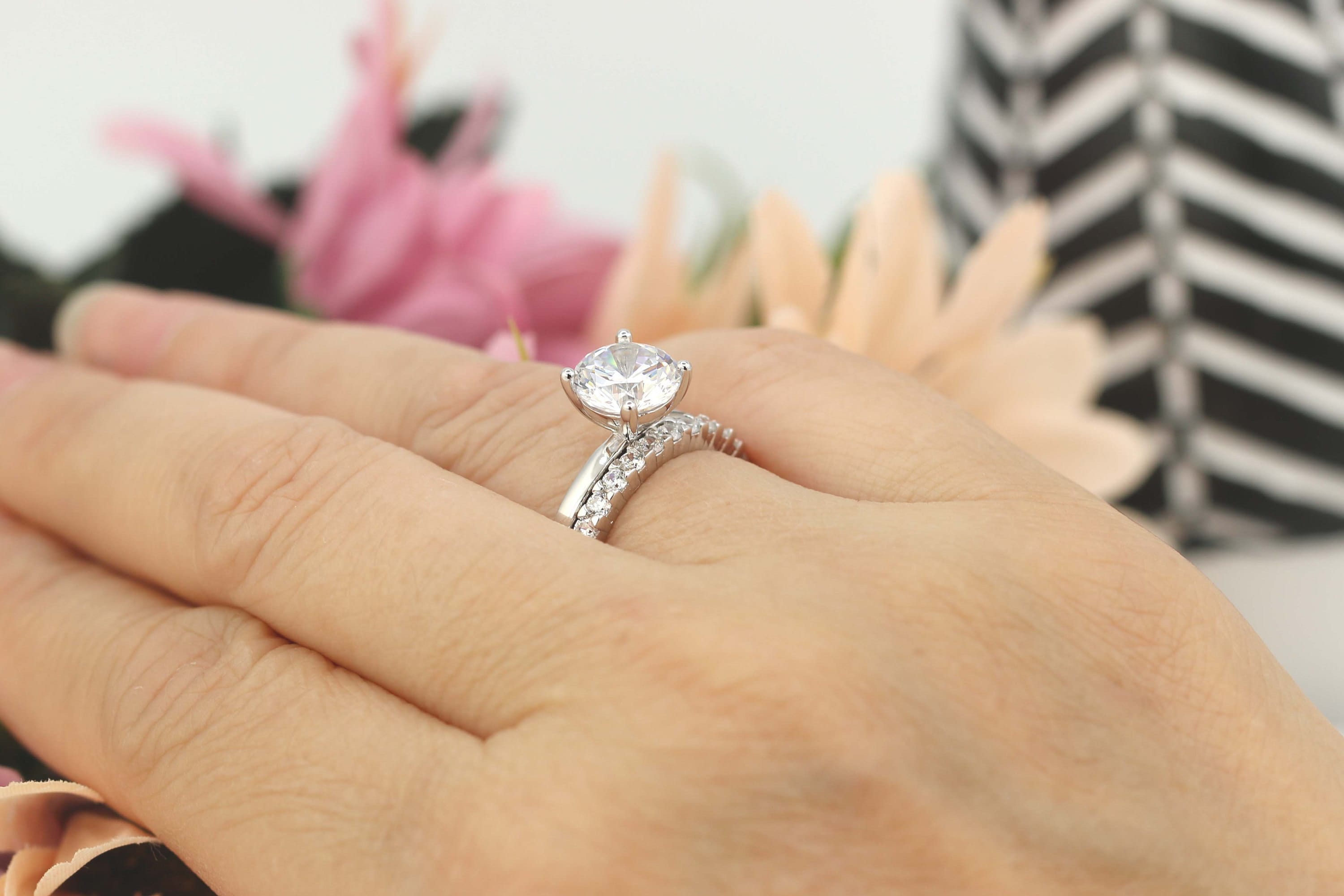 2 Carat Round Solitaire Stacking Engagement Ring Set 2mm Eternity