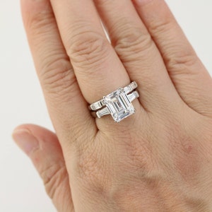 6.3ctw Hochzeit Ringset, 5 Karat Smaragdschliff Ring, Verlobungsring, Versprechensring, 3 Steine Ring, Silber Halbband, Braut Ring