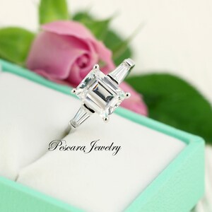 3ct Emerald Cut Ring Three Stone Ring Emerald Cut Taper Baguette CZ simulated Diamond Anniversary Ring Sterling Silver image 4