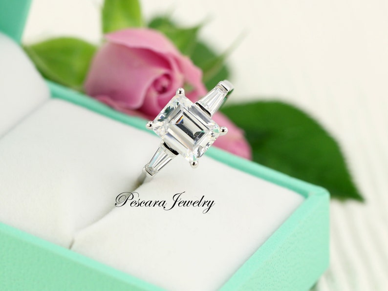 3ct Emerald Cut Ring Three Stone Ring Emerald Cut Taper Baguette CZ simulated Diamond Anniversary Ring Sterling Silver image 4