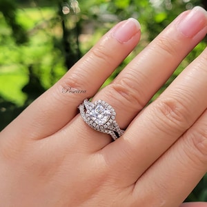 2ct Cushion Halo Engagement Ring Set Infinity Crossover band Cushion Halo Art Deco Ring Diamond Simulant CZ sterling silver