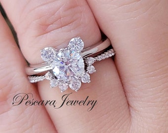 Mouse Engagement Ring Set, Mickey Ring, Three Stone Ring, Curve band, Round Cut Promise Ring, Unique Engagement Ring, Sterling Silver