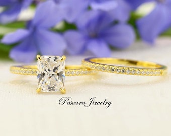 2ct Radiant Cut Engagment Ring set, 14K Yellow Gold Plated Silver Radiant Cut CZ Wedding ring Set, 2 Carat (8.5*6.5), Sterling Silver
