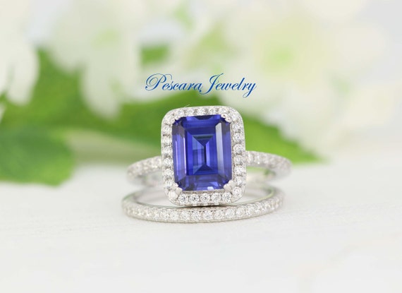 Bague En Argent Massif Avec Pierre Bleue Rectangle Et Zirconiums - Taille 49 - Occasion - Pierre Bleue Dominante