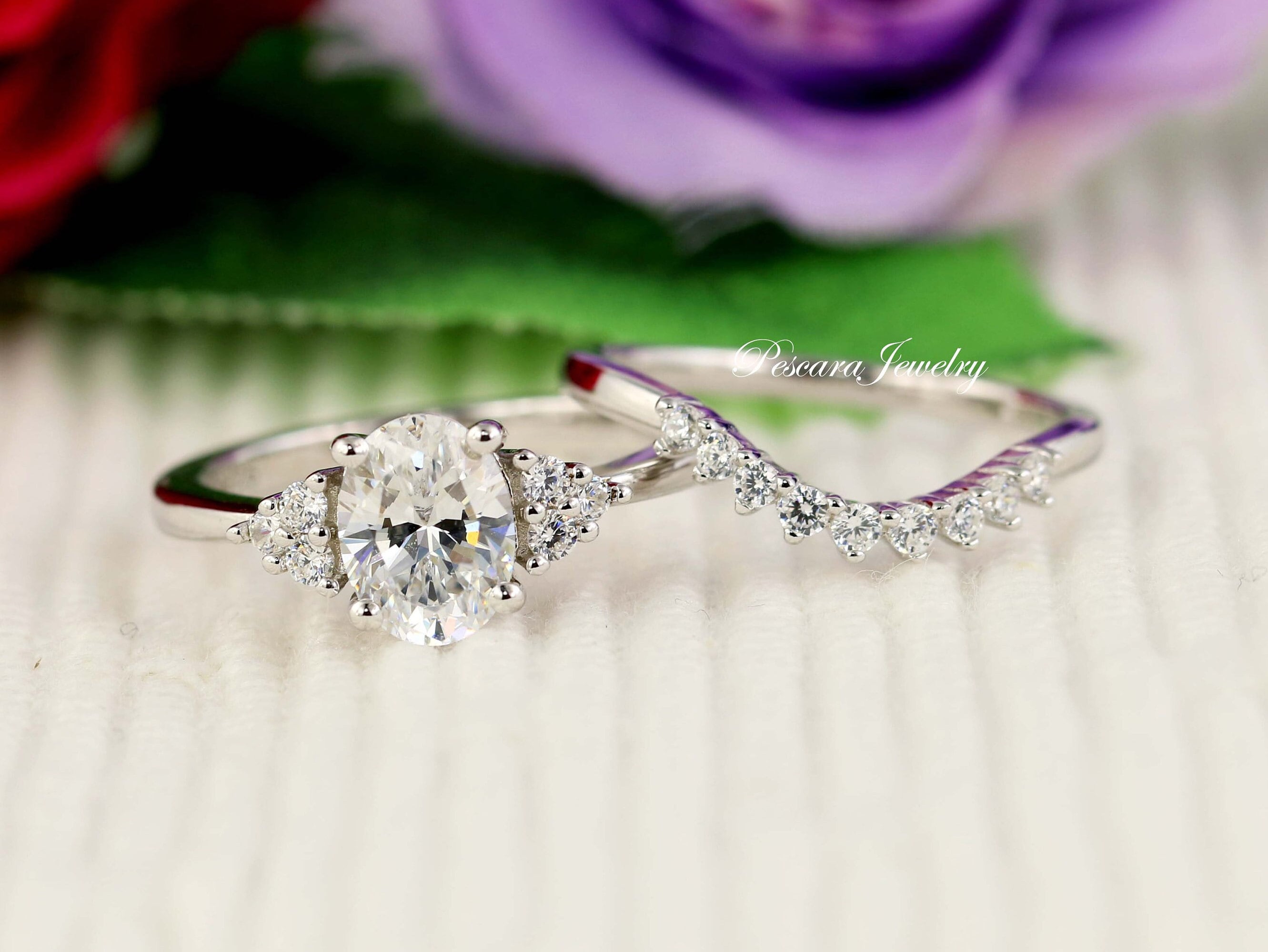 Oval Engagement Ring Oval Wedding Ring Set Curve Band Oval Etsy