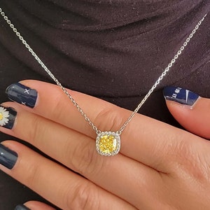 Canary Yellow Cushion Halo Necklace, Statement Diamond Stimulated CZ Halo Necklace, Gift for Her, Sterling Silver