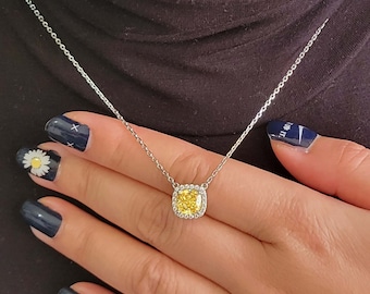 Canary Yellow Cushion Halo Necklace, Statement Diamond Stimulated CZ Halo Necklace, Gift for Her, Sterling Silver