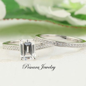 Wedding Ring Set, Emerald cut Engagement Ring, Emerald Cut CZ Diamond Simulant Emerald Cut Solitaire Ring Promise Ring (1.5ct center)