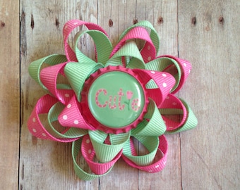 Loopy Flower Hair Bow, Pink and Mint, "Cutie" Bottle Cap