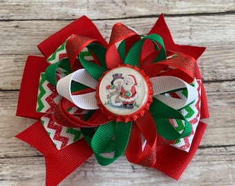Christmas Hair Bow, Santa Snowman Bottlecap, Glitter Chevron Ribbon