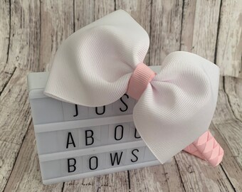 White and Pink Headband, Spring Headband, Easter Headband, Woven Headband, Pink Ribbon Headband, School Headband