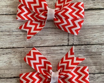 Red Chevron Pigtail Bows: Holiday Grosgrain Ribbon Hair Clips (Set of 2)