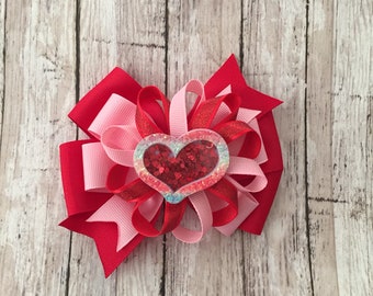 Red Valentine’s Day Bow, Heart Shaker Bow, Loop Flower Bow, Valentine’s Day Hair Bow, Heart Bow, Pinwheel Bow, Ponytail Bow