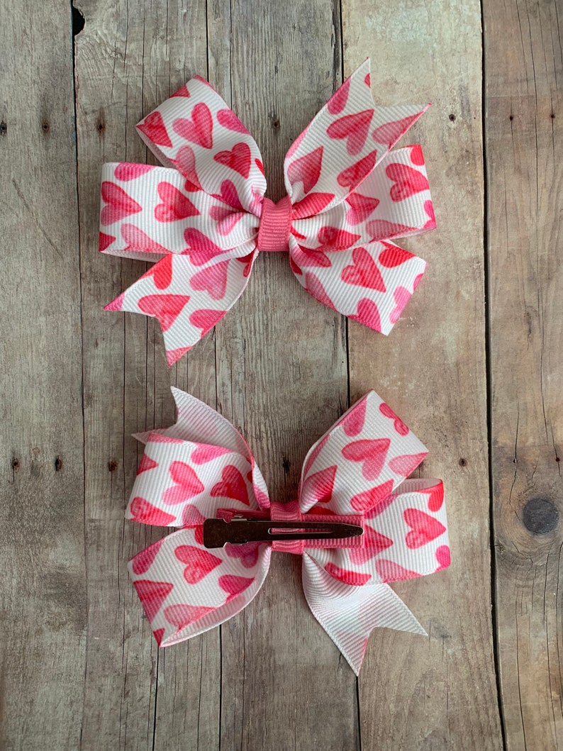 Valentines Day Bow Heart Bow Pink Valentines Bow Hearts Pinwheel Bows Heart Clippies Pink Hair Bow Heart Pigtail Bows Pink Heart Bow