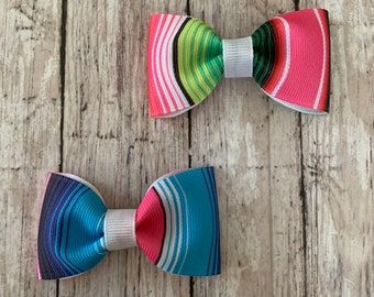 Serape Bow, Fiesta Bow, Serape pigtail bow set, Mexican Bows, cinco de Mayo bows, multi colored serape bow