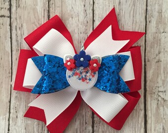 4th of July Bow, Unicorn Patriotic Bow, 4th of July Ponytail Bow, Red White and Blue Hairbow