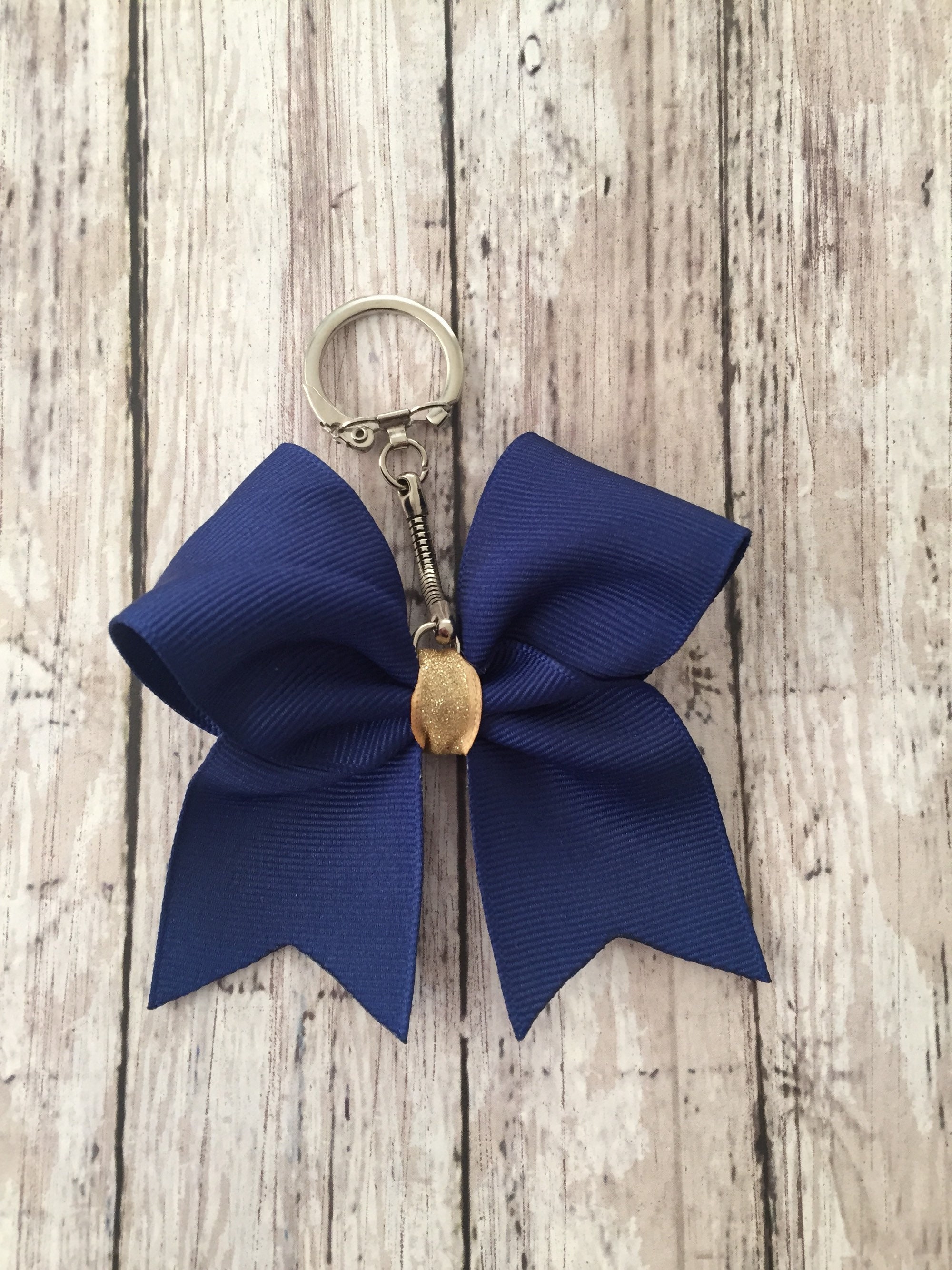 Mini Cheer Bow Keychain, Cheer Keychain, Bow Keyfob, Navy and Gold Bow ...