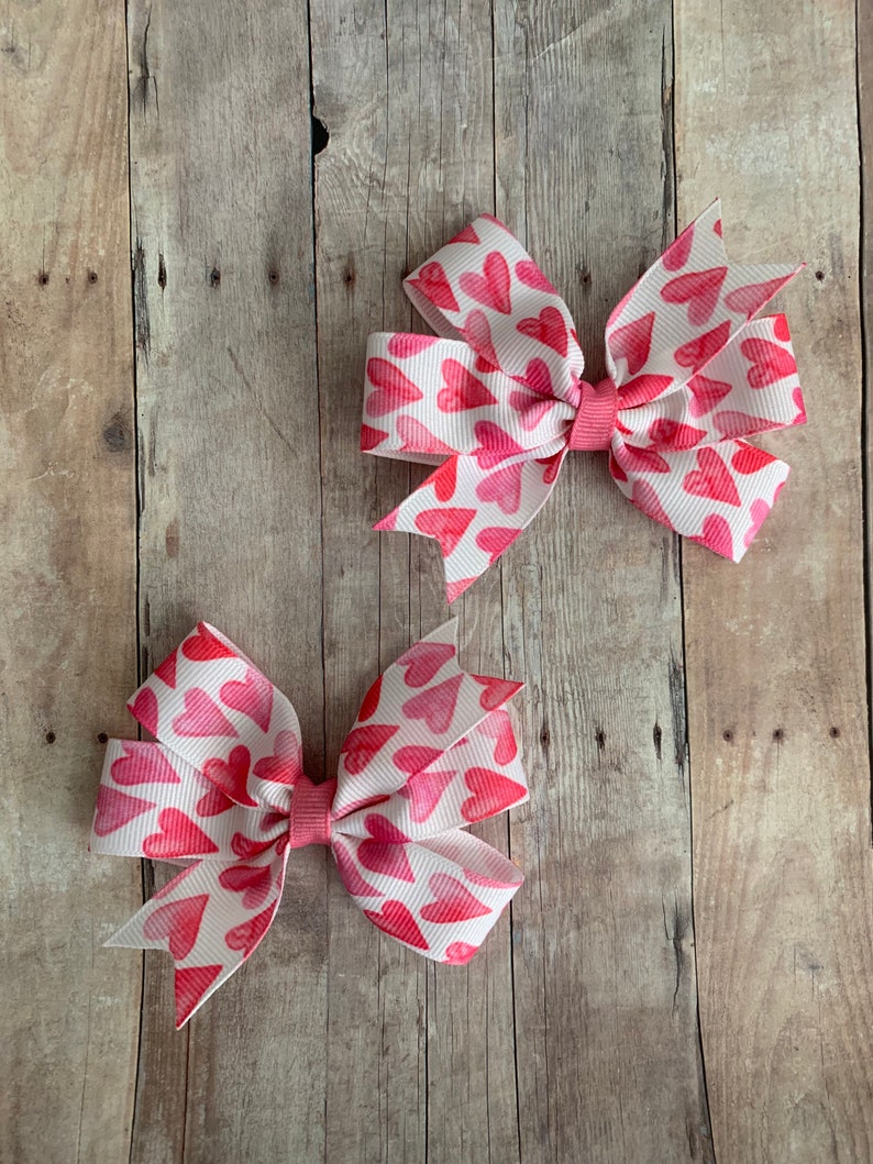 Valentines Day Bow Heart Bow Pink Valentines Bow Hearts Pinwheel Bows Heart Clippies Pink Hair Bow Heart Pigtail Bows Pink Heart Bow