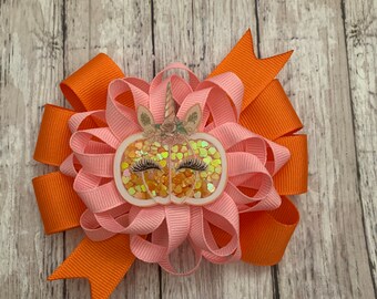 Pumpkin Unicorn Shaker Hair Bow, Fall Halloween Clip