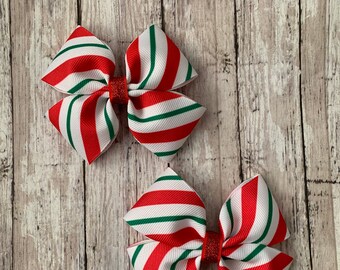 Candy Cane Striped Bow, Christmas Pigtail Bows, Holiday Bows, Pigtail Bows