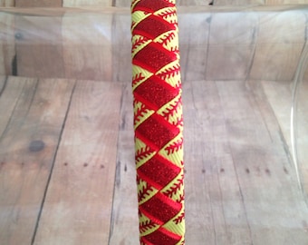 Softball Headband: Woven Grosgrain Ribbon, Red Glitter