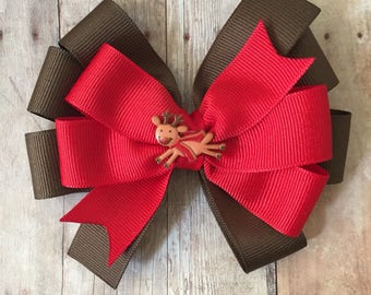 Rudolph Pinwheel Bow, Christmas Hair Bow, Reindeer Bow, Christmas Bow, Holiday Bow