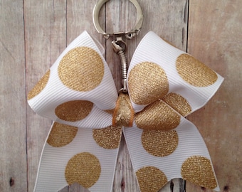 Gold Polka Dot Mini Cheer Bow Keychain