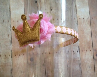 Gold Glitter Crown Headband, Pink Woven Princess Birthday Headband