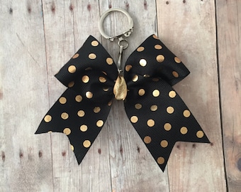 Gold Polka Dot Grosgrain Bow Keychain, Mini Cheer Bow