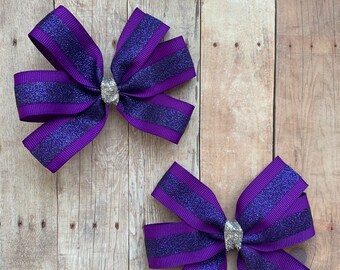 Purple Glitter Pinwheel Hair Bows: Pigtail Ribbon Clips (Set of 2)