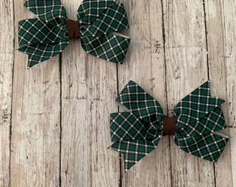 Plaid Pinwheel Uniform Bows: Green, Brown, White - Set of 2